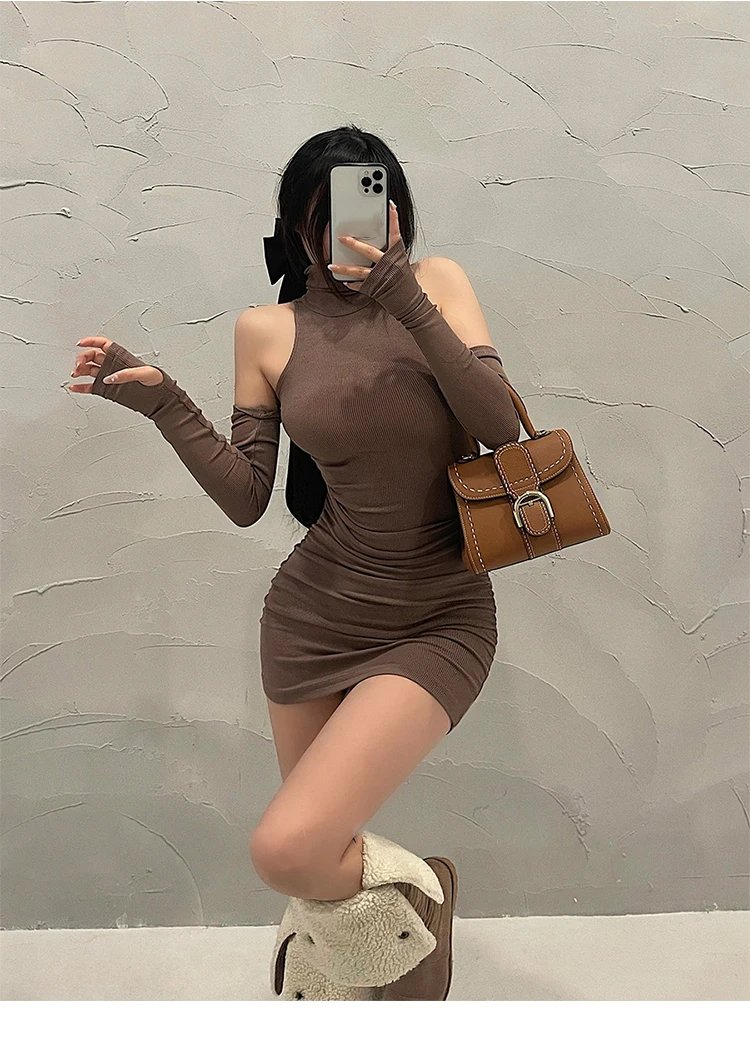 2025 New Women's Mini Dress Sleeveless Pleated Skinny Dress High Neck Lace Up Autumn Black Tight Elastic Party Tank Dresses