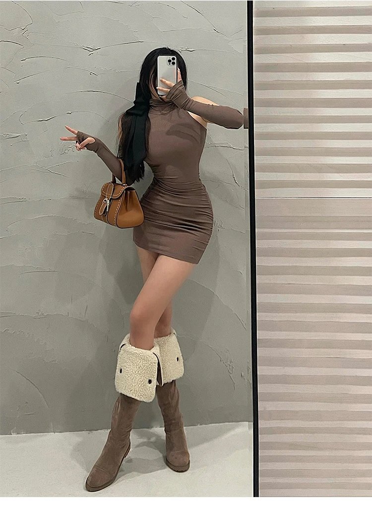 2025 New Women's Mini Dress Sleeveless Pleated Skinny Dress High Neck Lace Up Autumn Black Tight Elastic Party Tank Dresses