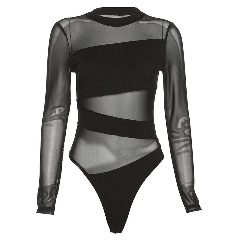 Spring Summer New Fashion Cut Cross Hollow Mesh Jumpsuit Long-Sleeved Thin O Neck Diagonal Black Charming Bodysuit Clubwear