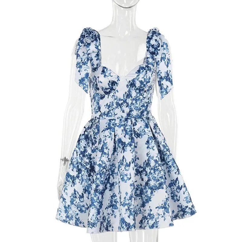 Blue Floral Off Shoulder Mini Dress Elegant Party Wear