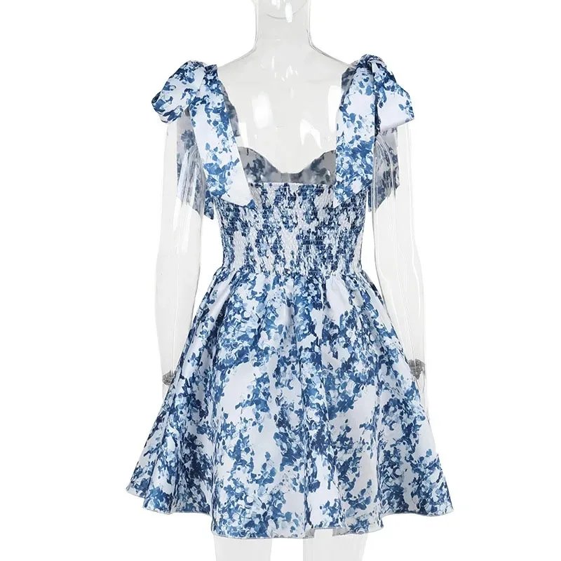 Blue Floral Off Shoulder Mini Dress Elegant Party Wear
