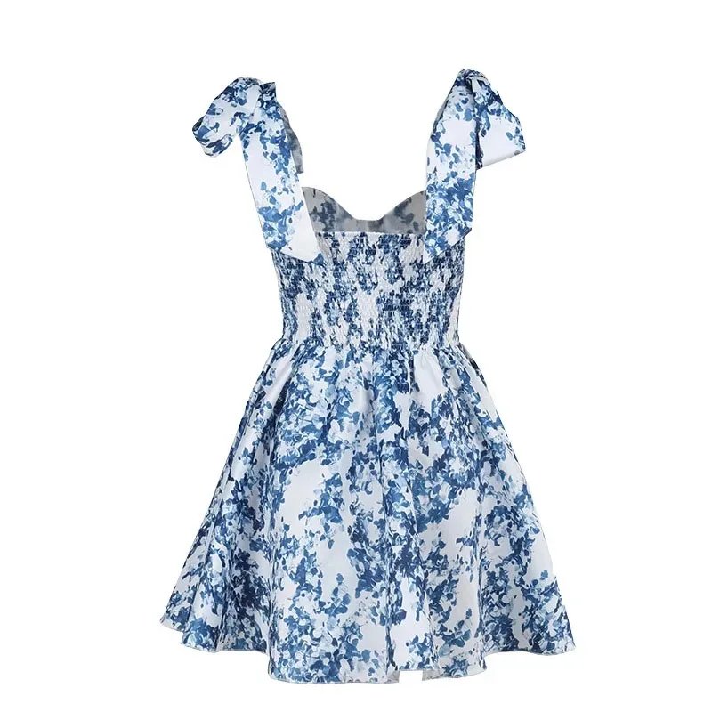 Blue Floral Off Shoulder Mini Dress Elegant Party Wear