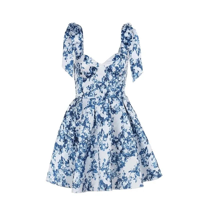 Blue Floral Off Shoulder Mini Dress Elegant Party Wear