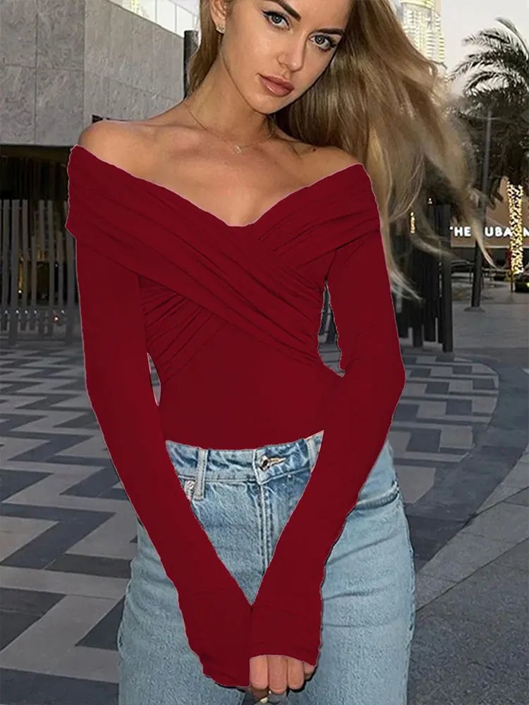 Off Shoulder Long Sleeve Bodysuit Elegant Slim Fit Off Shoulder Long Sleeve Bodysuit Elegant Slim Fit
