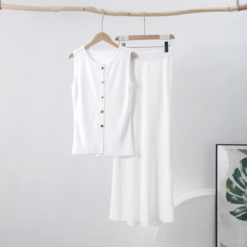 Elegant Knit Two Piece Set Women Vest and Midi Skirt Elegant Knit Two Piece Set Women Vest and Midi Skirt