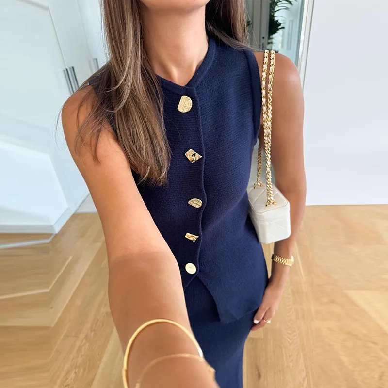 Elegant Knit Two Piece Set Women Vest and Midi Skirt Elegant Knit Two Piece Set Women Vest and Midi Skirt