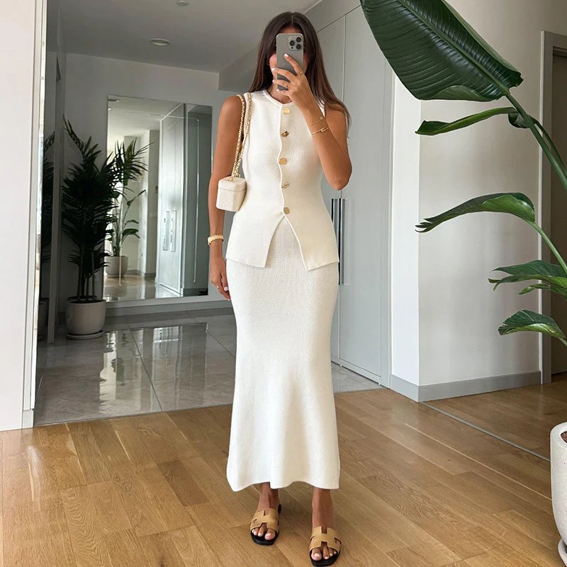 Elegant Knit Two Piece Set Women Vest and Midi Skirt Elegant Knit Two Piece Set Women Vest and Midi Skirt