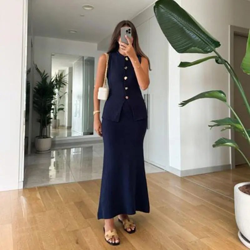 Elegant Knit Two Piece Set Women Vest and Midi Skirt Elegant Knit Two Piece Set Women Vest and Midi Skirt