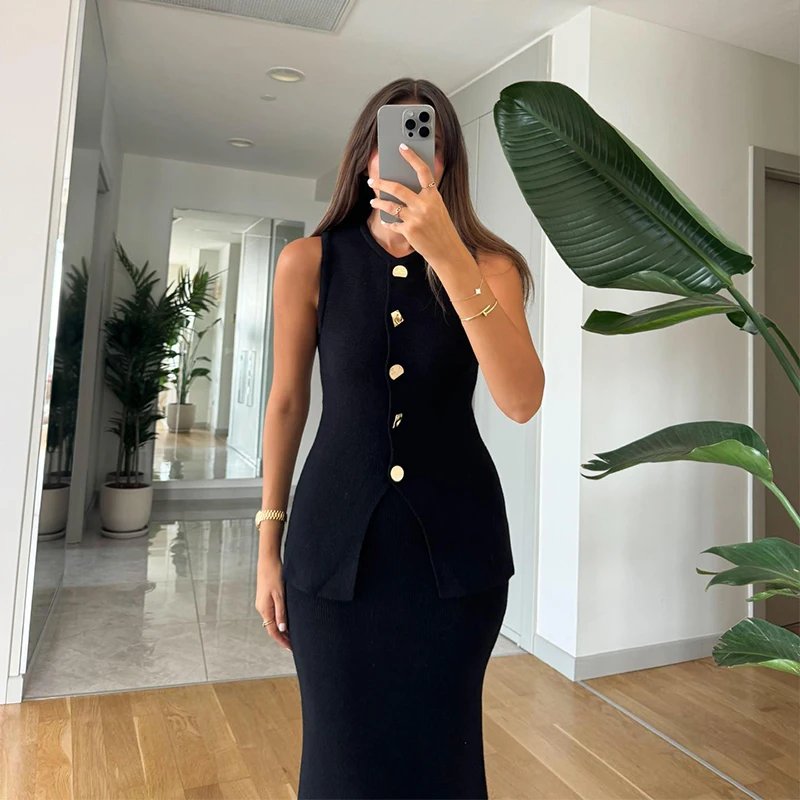 Elegant Knit Two Piece Set Women Vest and Midi Skirt Elegant Knit Two Piece Set Women Vest and Midi Skirt