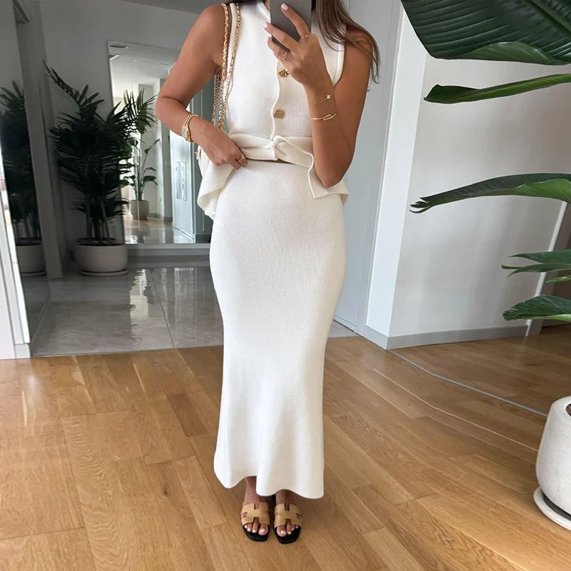 Elegant Knit Two Piece Set Women Vest and Midi Skirt Elegant Knit Two Piece Set Women Vest and Midi Skirt