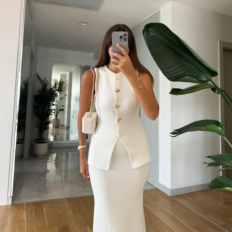 Elegant Knit Two Piece Set Women Vest and Midi Skirt Elegant Knit Two Piece Set Women Vest and Midi Skirt