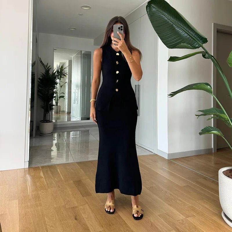 Elegant Knit Two Piece Set Women Vest and Midi Skirt Elegant Knit Two Piece Set Women Vest and Midi Skirt
