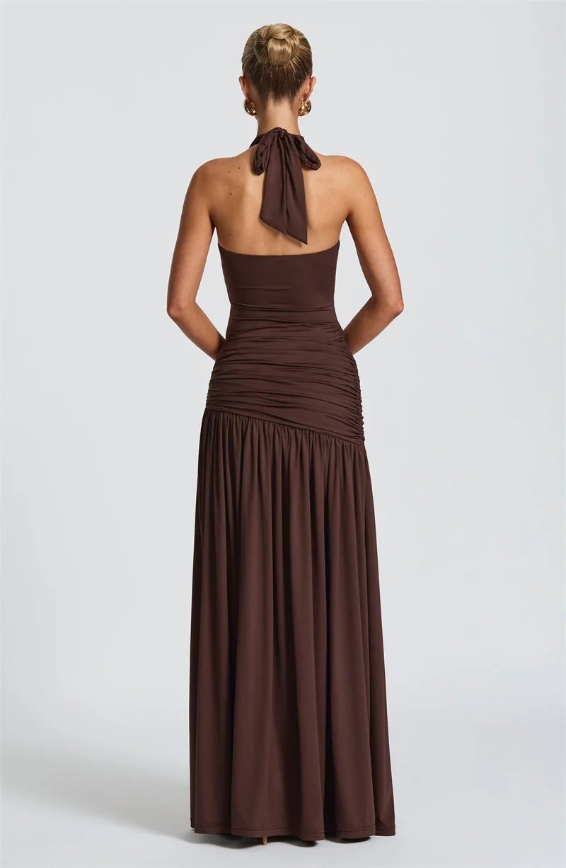 Backless Halter Maxi Dress Set Women Ruched Split Skirt