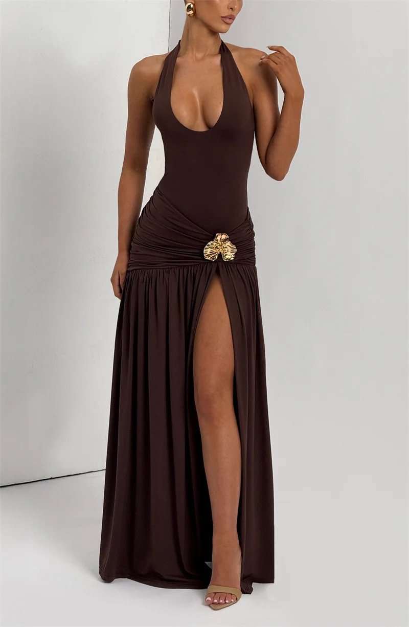 Backless Halter Maxi Dress Set Women Ruched Split Skirt