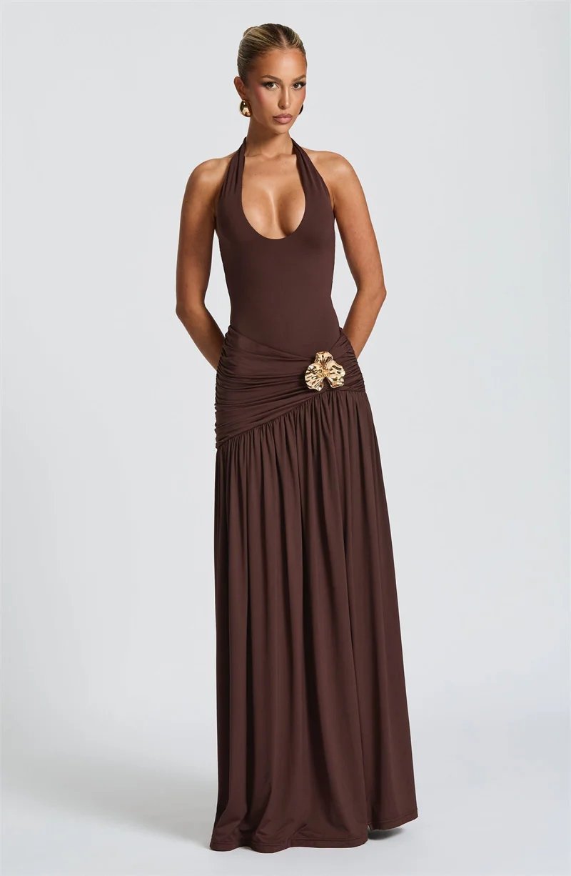 Backless Halter Maxi Dress Set Women Ruched Split Skirt
