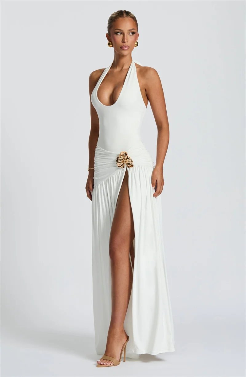 Backless Halter Maxi Dress Set Women Ruched Split Skirt