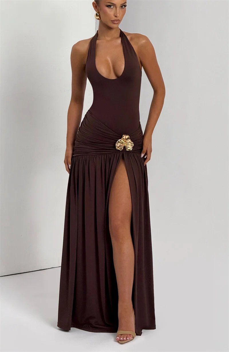 Backless Halter Maxi Dress Set Women Ruched Split Skirt