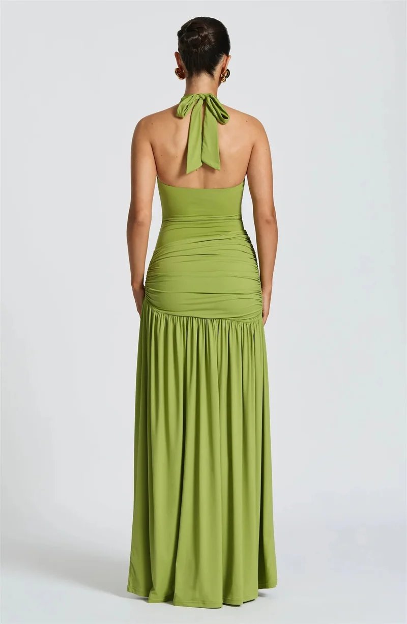 Backless Halter Maxi Dress Set Women Ruched Split Skirt