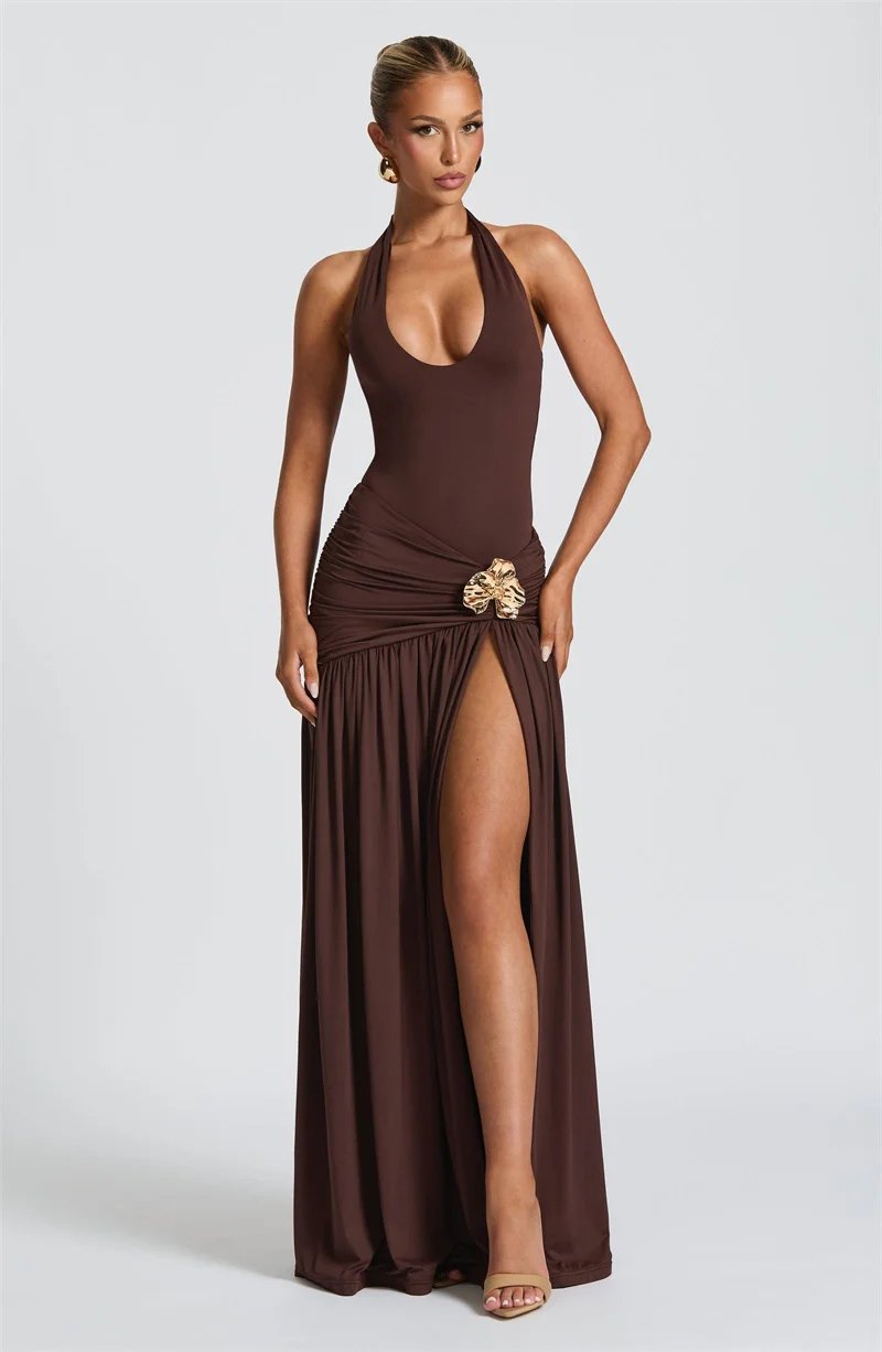 Backless Halter Maxi Dress Set Women Ruched Split Skirt
