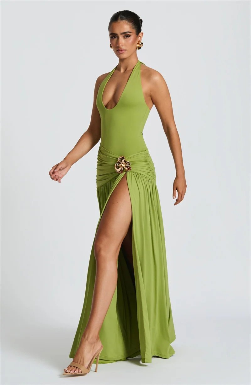 Backless Halter Maxi Dress Set Women Ruched Split Skirt