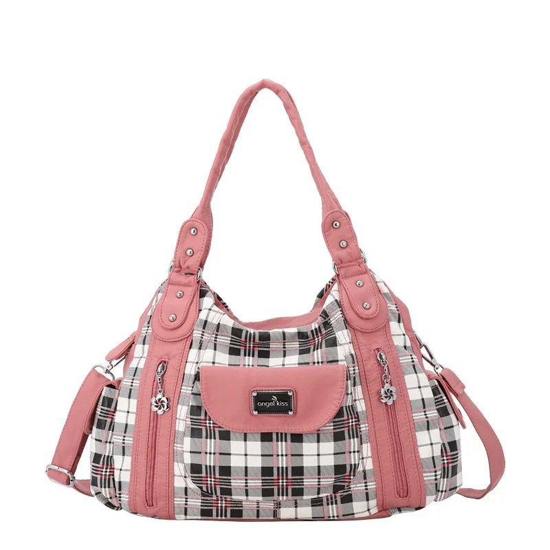 Women’s plaid PU leather shoulder handbag