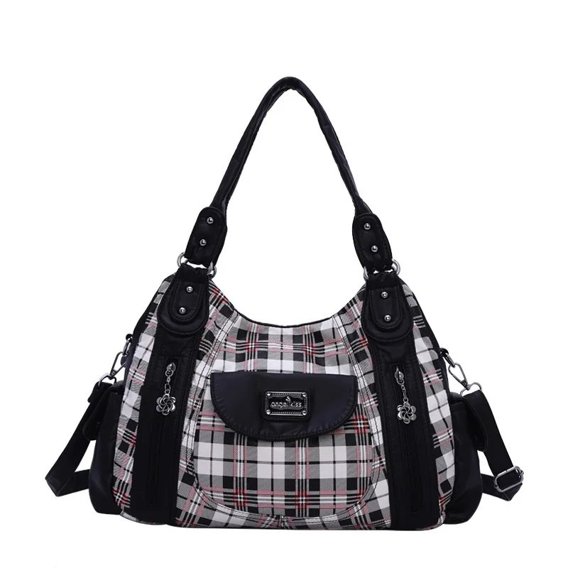 Women’s plaid PU leather shoulder handbag