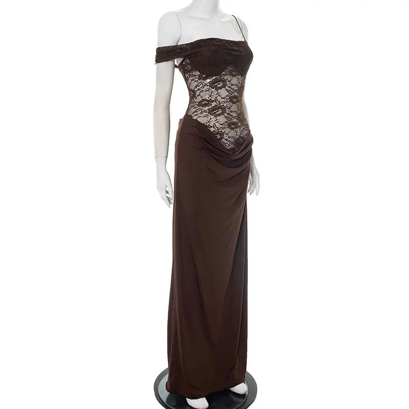 One Shoulder Lace Maxi Dress Backless Evening Gown