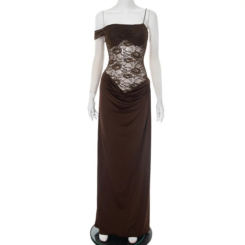 One Shoulder Lace Maxi Dress Backless Evening Gown