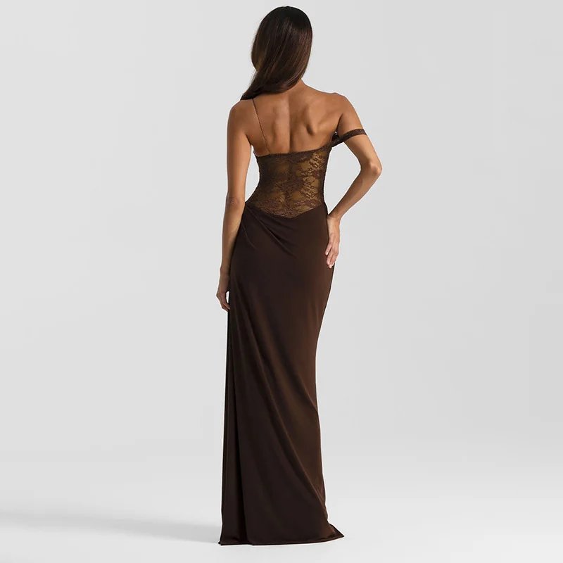 One Shoulder Lace Maxi Dress Backless Evening Gown