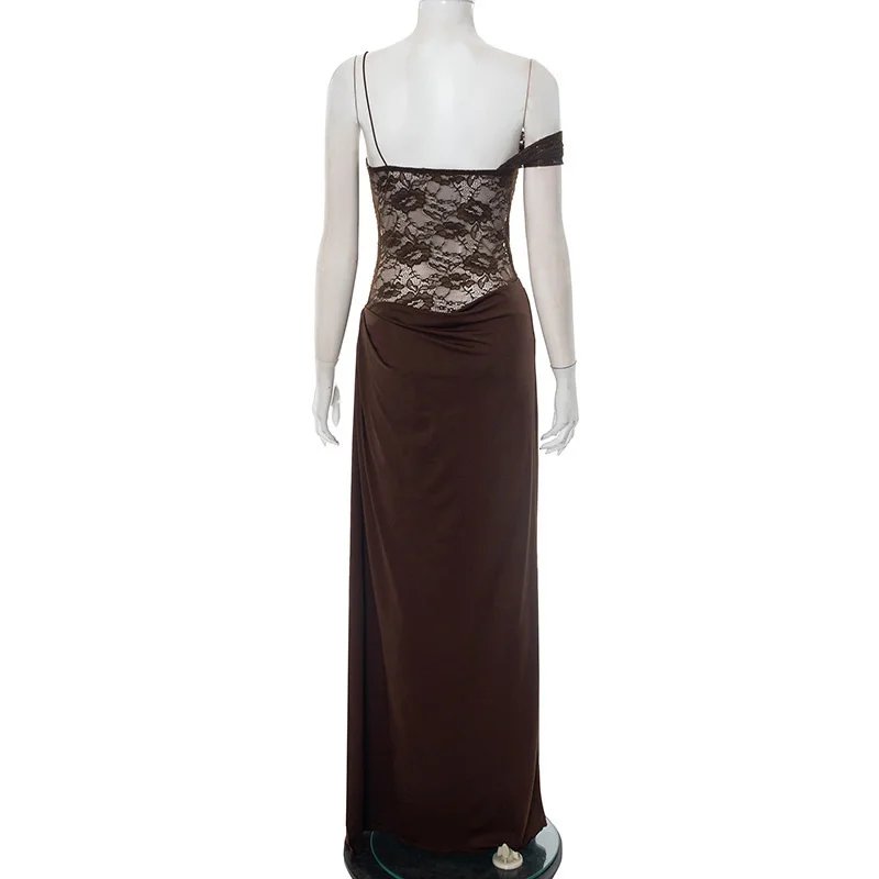 One Shoulder Lace Maxi Dress Backless Evening Gown