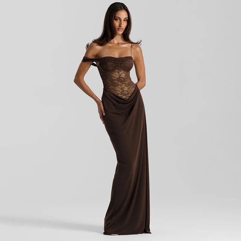 One Shoulder Lace Maxi Dress Backless Evening Gown