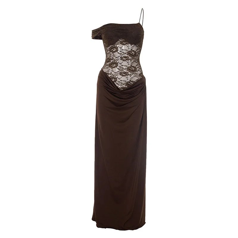 One Shoulder Lace Maxi Dress Backless Evening Gown