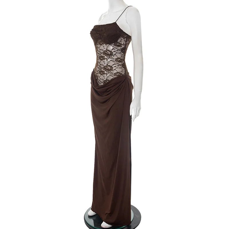 One Shoulder Lace Maxi Dress Backless Evening Gown