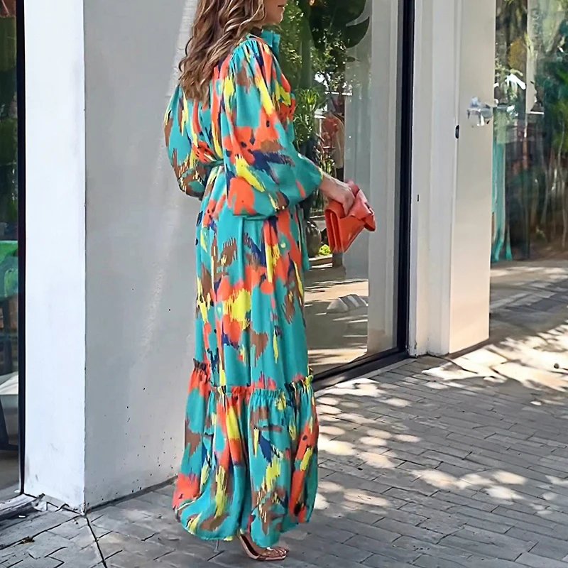 Elegant Lapel Pattern Print Dress with Lantern Sleeves