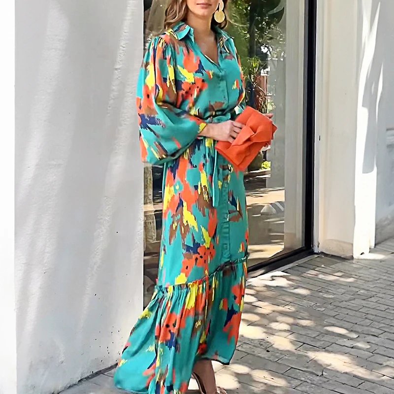 Elegant Lapel Pattern Print Dress with Lantern Sleeves