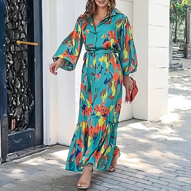 Elegant Lapel Pattern Print Dress with Lantern Sleeves
