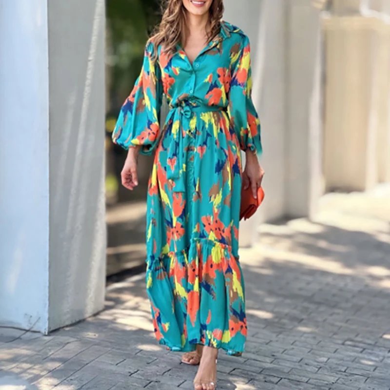 Elegant Lapel Pattern Print Dress with Lantern Sleeves
