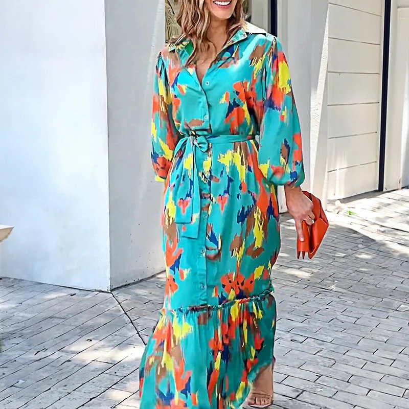 Elegant Lapel Pattern Print Dress with Lantern Sleeves