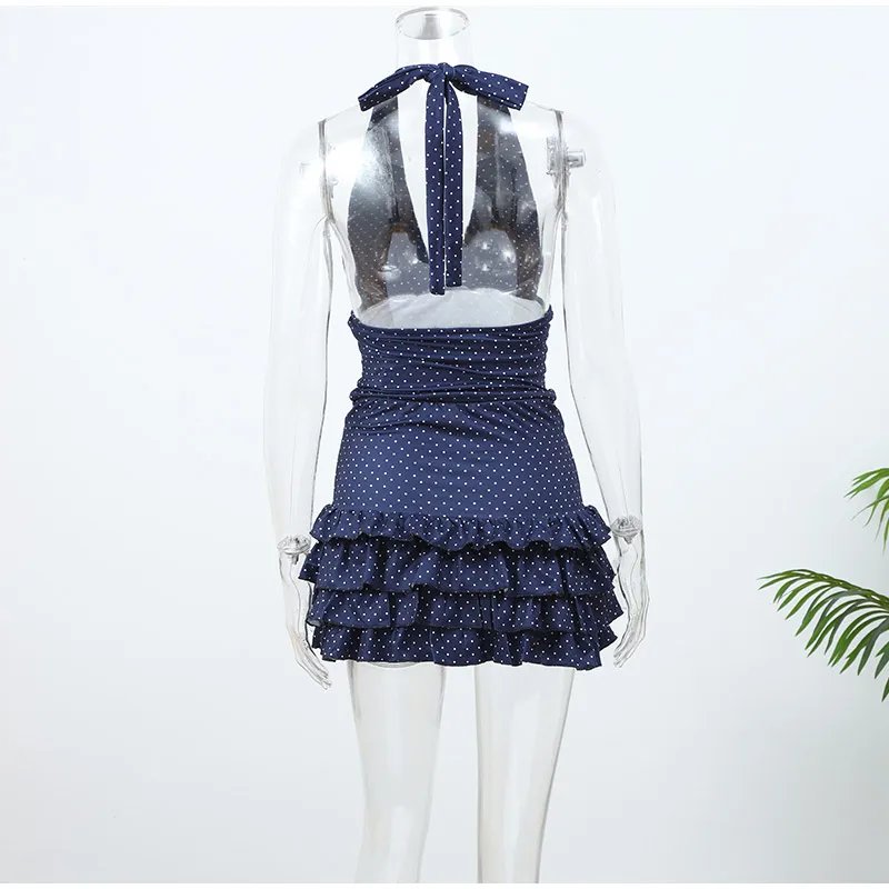 Polka Dot Halter Mini Skirt Set for Women Summer Chic