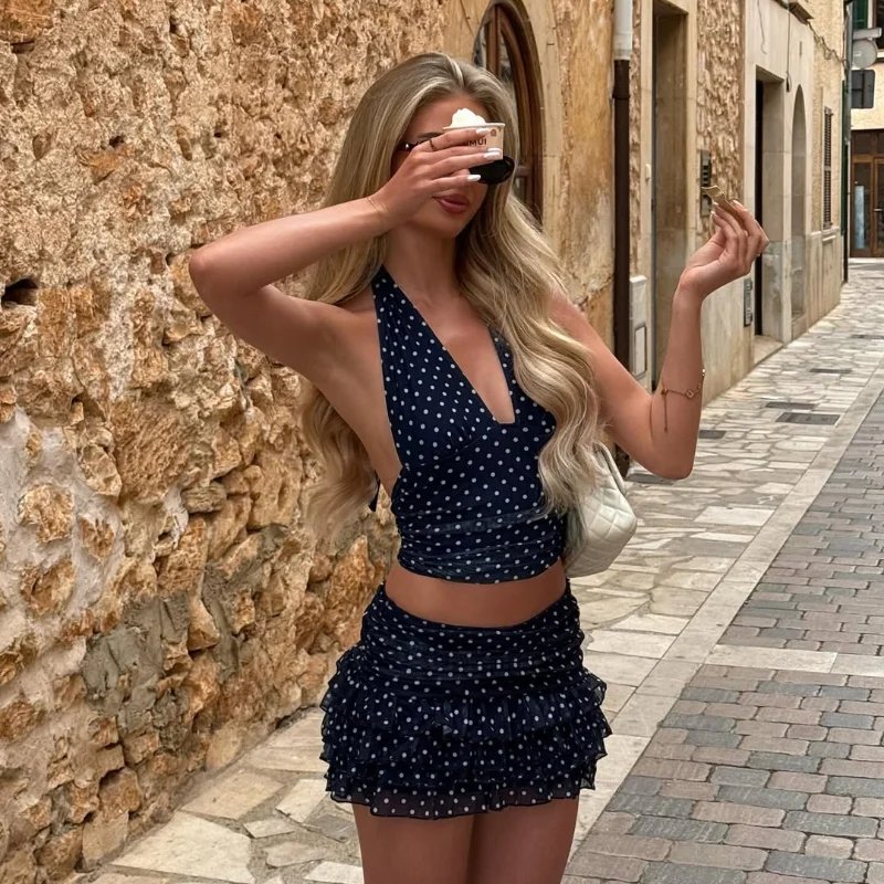Polka Dot Halter Mini Skirt Set for Women Summer Chic