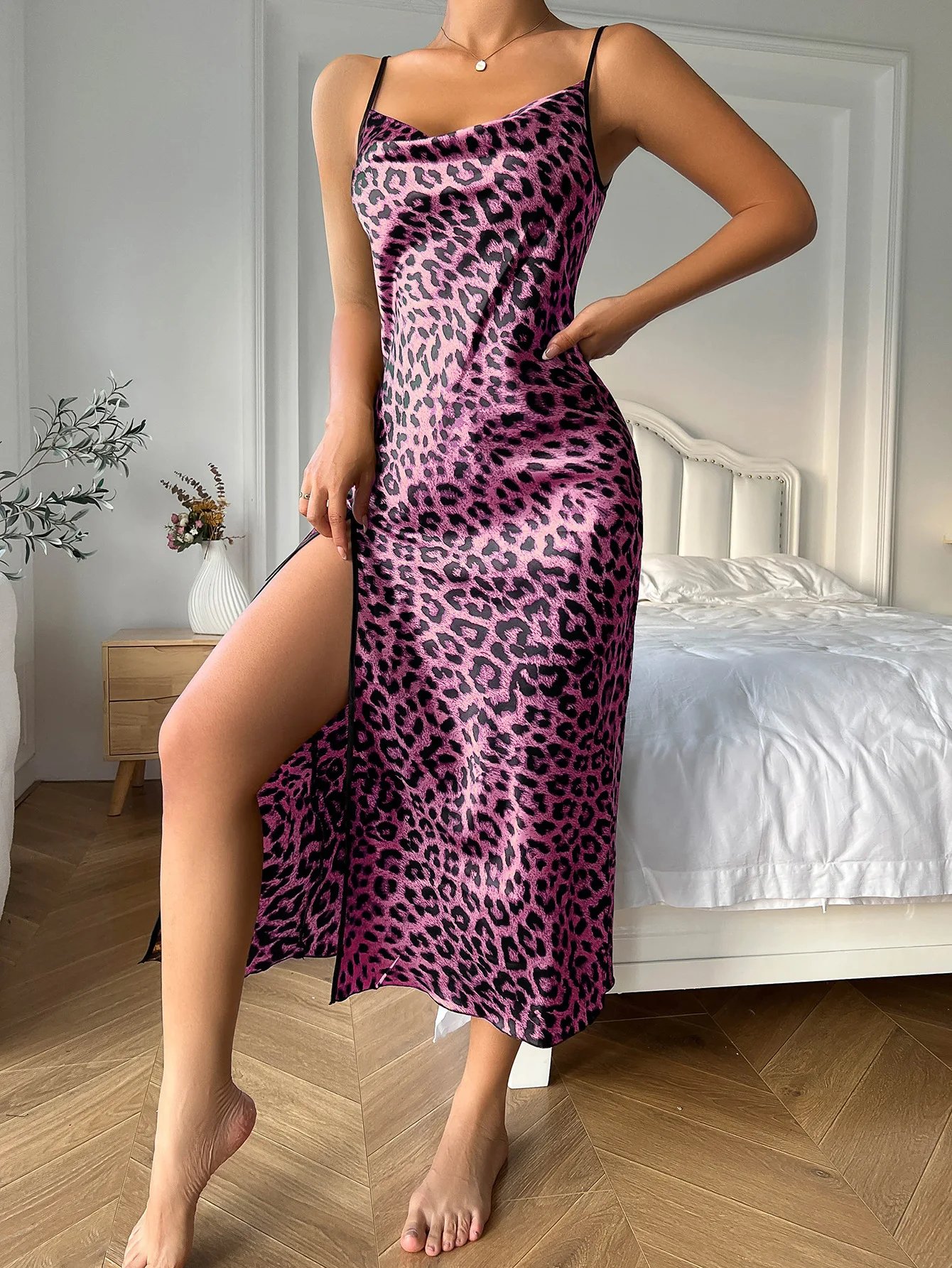 Leopard Print Satin Nightdress – Women’s Sexy Sleepwear Leopard Print Satin Nightdress – Women’s Sexy Sleepwear