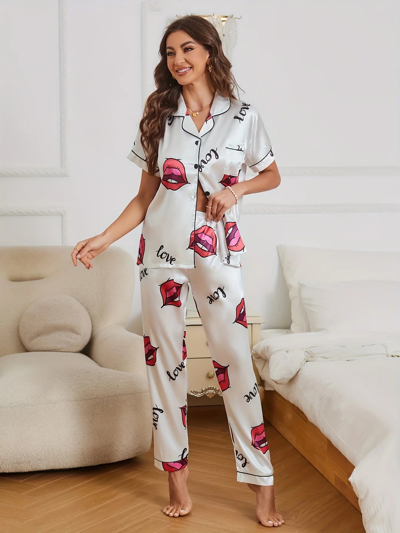 Printed Satin Pajama Set – Women’s Stylish Sleepwear