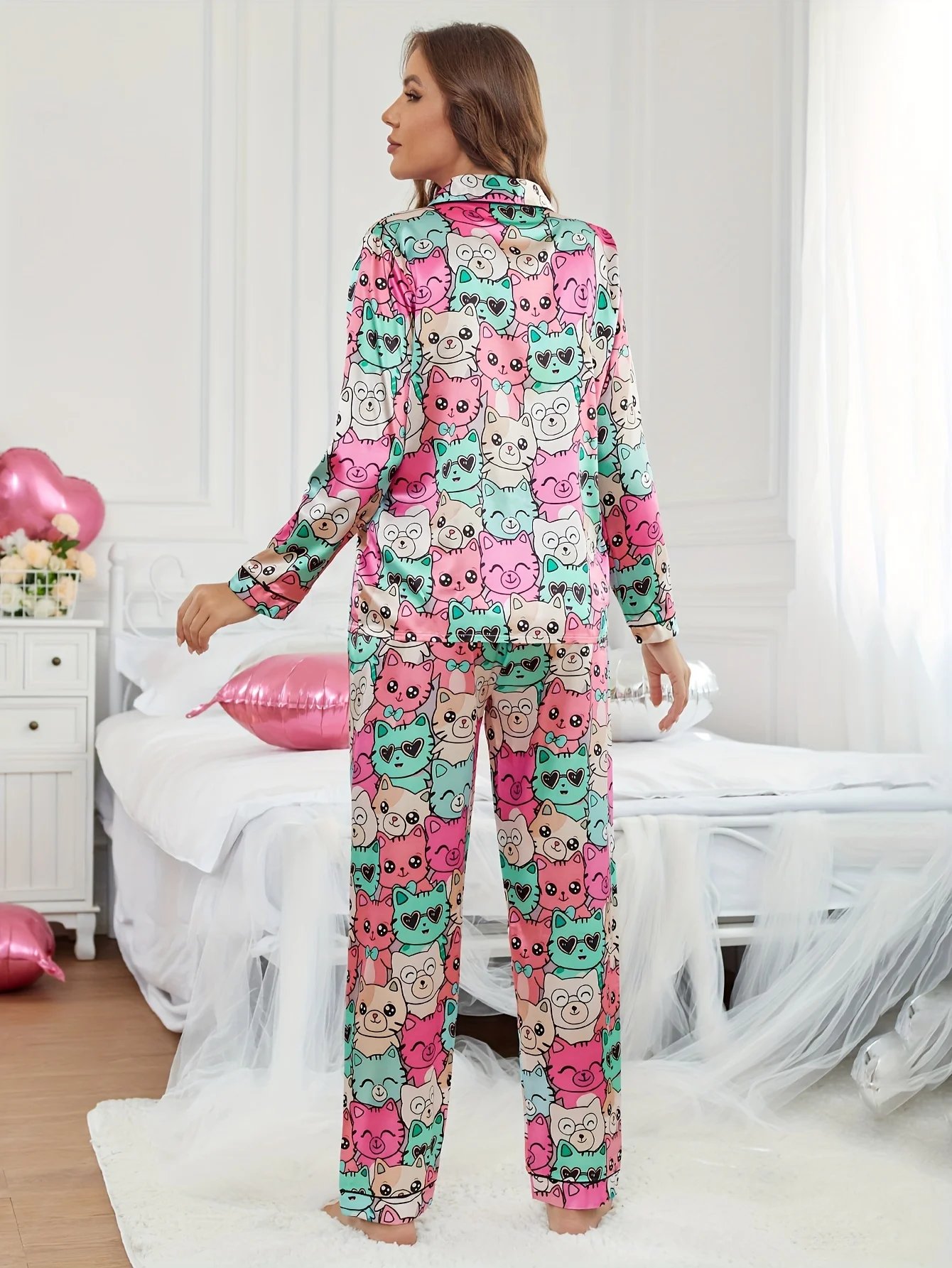 Cartoon Cat Satin Pajama Set – Women’s Sleepwear