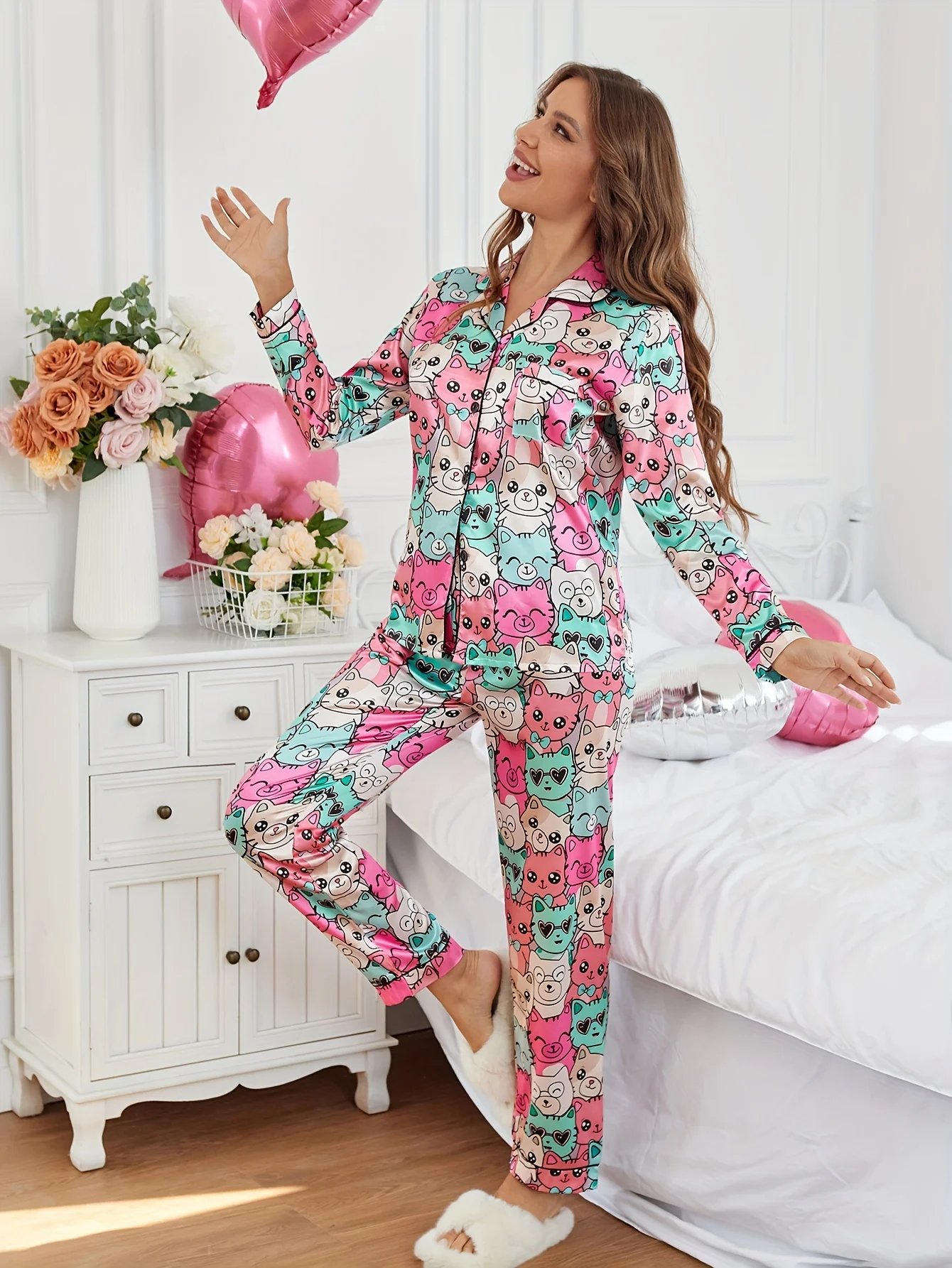 Cartoon Cat Satin Pajama Set – Women’s Sleepwear