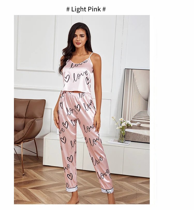 Satin Love Print Pajama Set – Women’s Sleepwear
