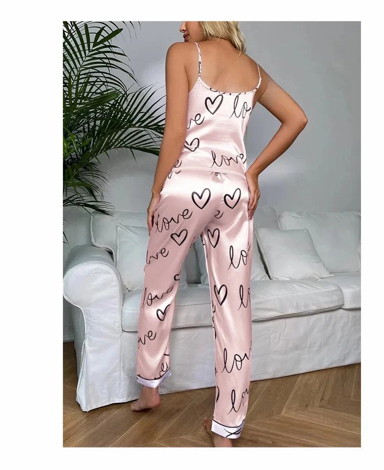 Satin Love Print Pajama Set – Women’s Sleepwear