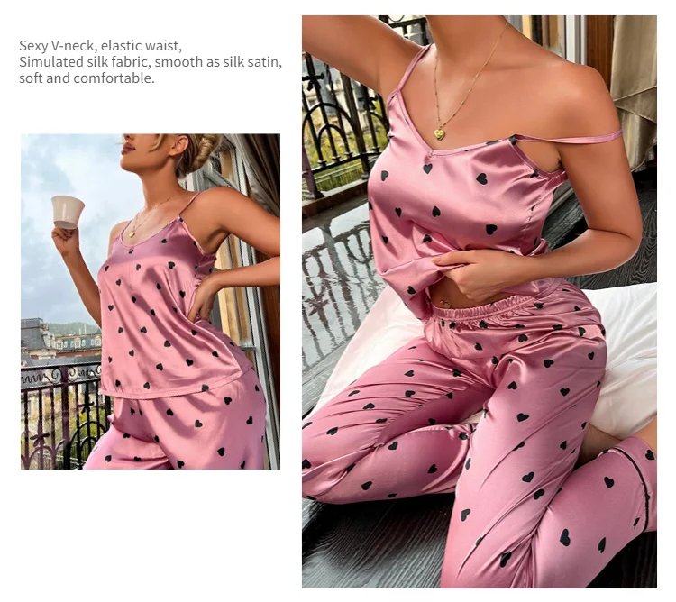 Satin Love Print Pajama Set – Women’s Sleepwear