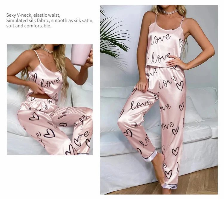 Satin Love Print Pajama Set – Women’s Sleepwear
