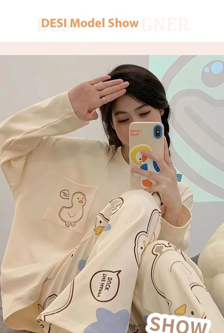 Cartoon Print Pajama Set for Women - Long Sleeve