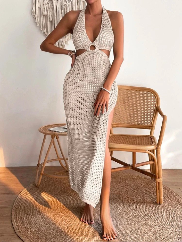 Hollow Knit Vacation Dress for Women - Beachwear Maxi
